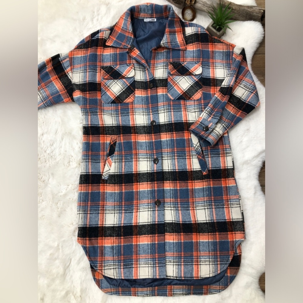 Fashion Nova Orange & Blue Plaid Long Oversized Shacket Barn Jacket